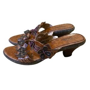 Spring Step Heeled Sandals Women's Size 7.5 Brown Floral Accents Leather Slides